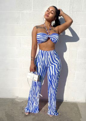 Blue Sexy Tube Top Casual Printed Striped Pleated Two-Piece Set