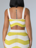 Yellow Fashionable Square Neck Contrast Striped Knitted High-Waist Skirt Two-Piece Set