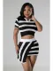 Black Lapel Short-Sleeved Striped Color-Blocked Knitted Skirt Two-Piece Set