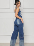 Blue Casual Multi-Bag Wide-Leg Retro Denim Vest Two-Piece Set