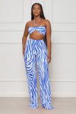 Blue Sexy Tube Top Casual Printed Striped Pleated Two-Piece Set