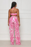 Rose Red Sexy Tube Top Casual Printed Striped Pleated Two-Piece Set
