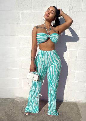 Sexy Tube Top Casual Printed Striped Pleated Two-Piece Set