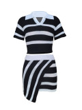 Black Lapel Short-Sleeved Striped Color-Blocked Knitted Skirt Two-Piece Set