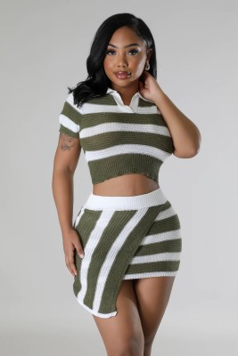 Green Lapel Short-Sleeved Striped Color-Blocked Knitted Skirt Two-Piece Set
