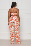 Orange Sexy Tube Top Casual Printed Striped Pleated Two-Piece Set