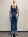 Blue Casual Multi-Bag Wide-Leg Retro Denim Vest Two-Piece Set