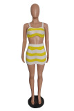 Yellow Fashionable Square Neck Contrast Striped Knitted High-Waist Skirt Two-Piece Set