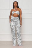 Grey Sexy Tube Top Casual Printed Striped Pleated Two-Piece Set
