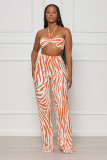 Orange Sexy Tube Top Casual Printed Striped Pleated Two-Piece Set