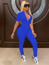 Blue Fashionable Casual Women's Zipper Stretch Pit Strip Jumpsuit