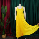 Yellow Sexy Suspender Pleated A-line Long Dress