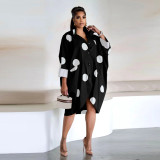 Black Fashionable Polka Dot Print Nine-quarter Sleeve Shirt Dress