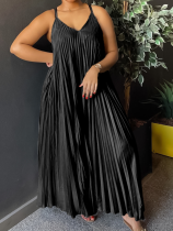 Black Sexy Suspender Pleated A-line Long Dress