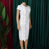 White Elegant Ruffle Bag Hip Dress