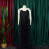 Black Sexy Suspender Pleated A-line Long Dress