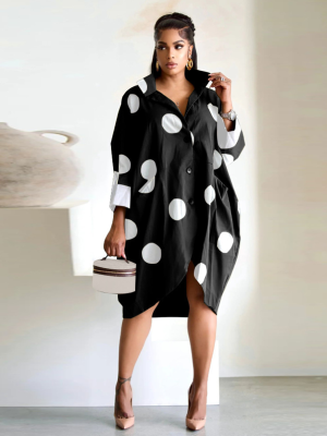 Black Fashionable Polka Dot Print Nine-quarter Sleeve Shirt Dress
