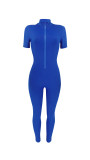 Blue Fashionable Casual Women's Zipper Stretch Pit Strip Jumpsuit