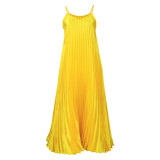 Yellow Sexy Suspender Pleated A-line Long Dress
