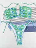 Green Sexy Printed Hollow Halter Bikini Swimsuit