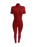Red Fashionable Casual Women's Zipper Stretch Pit Strip Jumpsuit