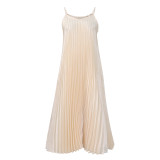 Apricot Sexy Suspender Pleated A-line Long Dress
