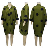 Army Green Fashionable Polka Dot Print Nine-quarter Sleeve Shirt Dress