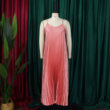 Pink Sexy Suspender Pleated A-line Long Dress