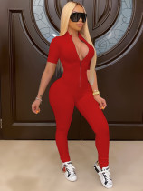 Red Fashionable Casual Women's Zipper Stretch Pit Strip Jumpsuit