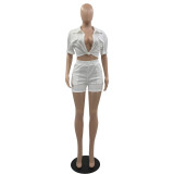 White Lapel Pocket V-Neck Half-Sleeve Two-Piece Set