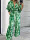 Green V-Neck Mid-Sleeve Elastic Waist Straight Jumpsuit