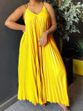 Yellow Sexy Suspender Pleated A-line Long Dress