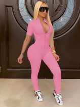 Pink Fashionable Casual Women's Zipper Stretch Pit Strip Jumpsuit