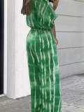 Green V-Neck Mid-Sleeve Elastic Waist Straight Jumpsuit