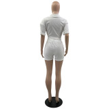 White Lapel Pocket V-Neck Half-Sleeve Two-Piece Set