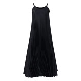 Black Sexy Suspender Pleated A-line Long Dress