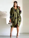 Army Green Fashionable Polka Dot Print Nine-quarter Sleeve Shirt Dress