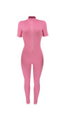Pink Fashionable Casual Women's Zipper Stretch Pit Strip Jumpsuit