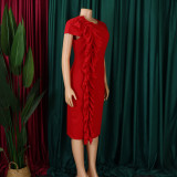 Red Elegant Ruffle Bag Hip Dress