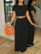 Black O-Neck Short-Sleeved T-Shirt And Wide-Leg Pants Two-Piece Set