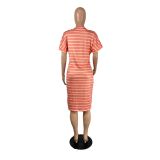 Orange Striped Printed Loose And Comfortable V-Neck Casual Dress