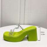 Green Large Thick Wedge Sandals With Rhinestones