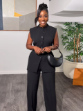 Black New Style Stand Collar Buttoned Sleeveless Top Wide Leg Trousers Two Piece Set