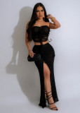 Black Summer Sexy Mesh Slit Lotus Leaf Long Skirt Two-Piece Set