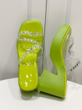 Green Large Thick Wedge Sandals With Rhinestones