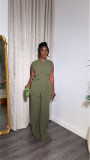 Green New Style Stand Collar Buttoned Sleeveless Top Wide Leg Trousers Two Piece Set