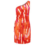 Orange Sexy One Shoulder Slant Neck Tie-Dye Printed Dress