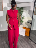 Red New Style Stand Collar Buttoned Sleeveless Top Wide Leg Trousers Two Piece Set