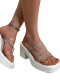 White Large Thick Wedge Sandals With Rhinestones