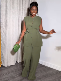 Green New Style Stand Collar Buttoned Sleeveless Top Wide Leg Trousers Two Piece Set